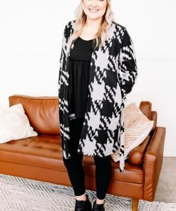 No Ship Drop Ship Journey On Belted Houndstooth Cardigan (GHG-S) Tops