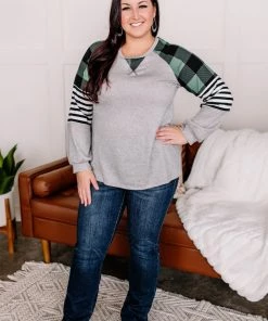 No Ship Drop Ship GHG- Shop Singles Just A Plaid Bit Brushed Top In Green/Black (GHG-S)