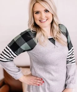 No Ship Drop Ship GHG- Shop Singles Just A Plaid Bit Brushed Top In Green/Black (GHG-S)