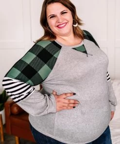 No Ship Drop Ship GHG- Shop Singles Just A Plaid Bit Brushed Top In Green/Black (GHG-S)