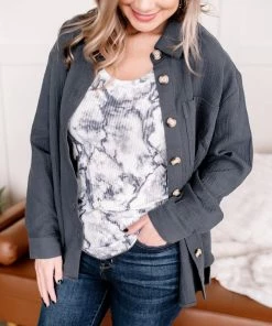 No Ship Drop Ship Just Gauze Button Down Top In Gunmetal (GHG-S)