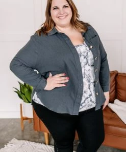 No Ship Drop Ship Just Gauze Button Down Top In Gunmetal (GHG-S)