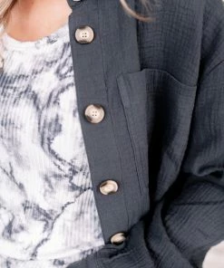 No Ship Drop Ship Just Gauze Button Down Top In Gunmetal (GHG-S)