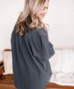 No Ship Drop Ship Just Gauze Button Down Top In Gunmetal (GHG-S)