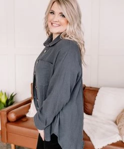 No Ship Drop Ship Just Gauze Button Down Top In Gunmetal (GHG-S)