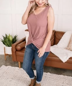 No Ship Drop Ship GHG- Shop Singles Let's Twist Again Pointelle Sleeveless Top In Mauve (GHG-S)