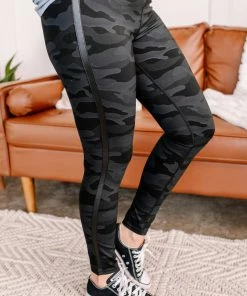 No Ship Drop Ship Athletic + Leggings + Sets Race You For It Side Striped Camo Leggings (GHG-S,M)