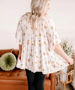 No Ship Drop Ship Something Up Your Sleeve Tiered Top In Ivory Florals (GHG-S) GHG- Shop Singles