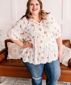 No Ship Drop Ship Something Up Your Sleeve Tiered Top In Ivory Florals (GHG-S) GHG- Shop Singles