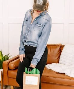 No Ship Drop Ship GHG- Shop Singles Worn Around The Edges Top In Denim (GHG - M & 2XL)