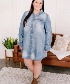 No Ship Drop Ship Worn Around The Edges Tunic In Denim (GHG-M) Outerwear + Layers