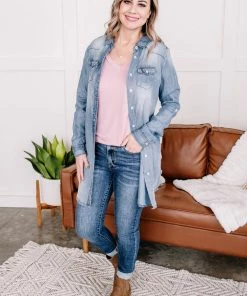 No Ship Drop Ship Worn Around The Edges Tunic In Denim (GHG-M) Outerwear + Layers