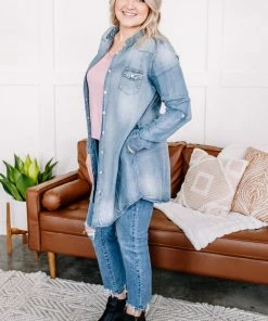No Ship Drop Ship Worn Around The Edges Tunic In Denim (GHG-M) Outerwear + Layers