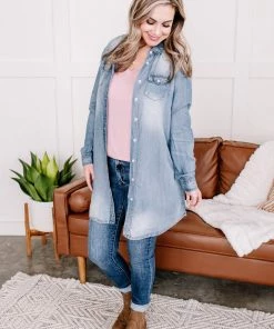 No Ship Drop Ship Worn Around The Edges Tunic In Denim (GHG-M) Outerwear + Layers