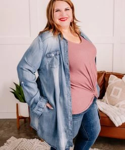 No Ship Drop Ship Worn Around The Edges Tunic In Denim (GHG-M) Outerwear + Layers