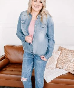 No Ship Drop Ship Worn Around The Edges Tunic In Denim (GHG-M) Outerwear + Layers