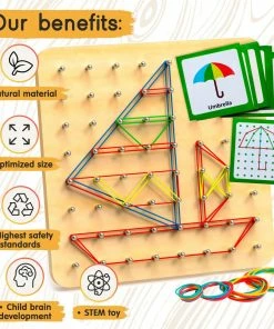 Panda Brothers Gifts Montessori Toy For Kids - Wooden Geoboard With Rubber Bands
