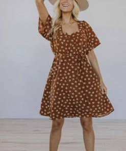 Roolee Apparel Carolina Square Neck Flutter Sleeve Dress In Brown Floral