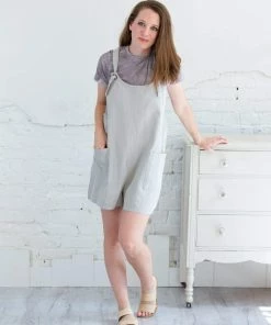 She & Sky Stone Grey Woven Washed Twill Overall Romper