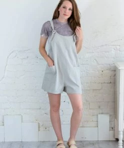 She & Sky Stone Grey Woven Washed Twill Overall Romper