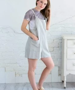 She & Sky Stone Grey Woven Washed Twill Overall Romper
