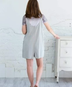 She & Sky Stone Grey Woven Washed Twill Overall Romper
