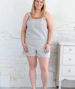 She & Sky Stone Grey Woven Washed Twill Overall Romper