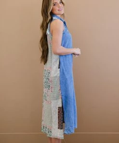 Trendsi Apparel Amazingly Artistic Patchwork Print Chambray Dress
