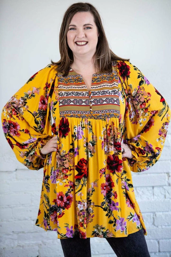 Umgee Tops Floral Ruffle Puff Sleeve Dress/Tunic 7 Umgee Tops Floral Ruffle Puff Sleeve Dress/Tunic