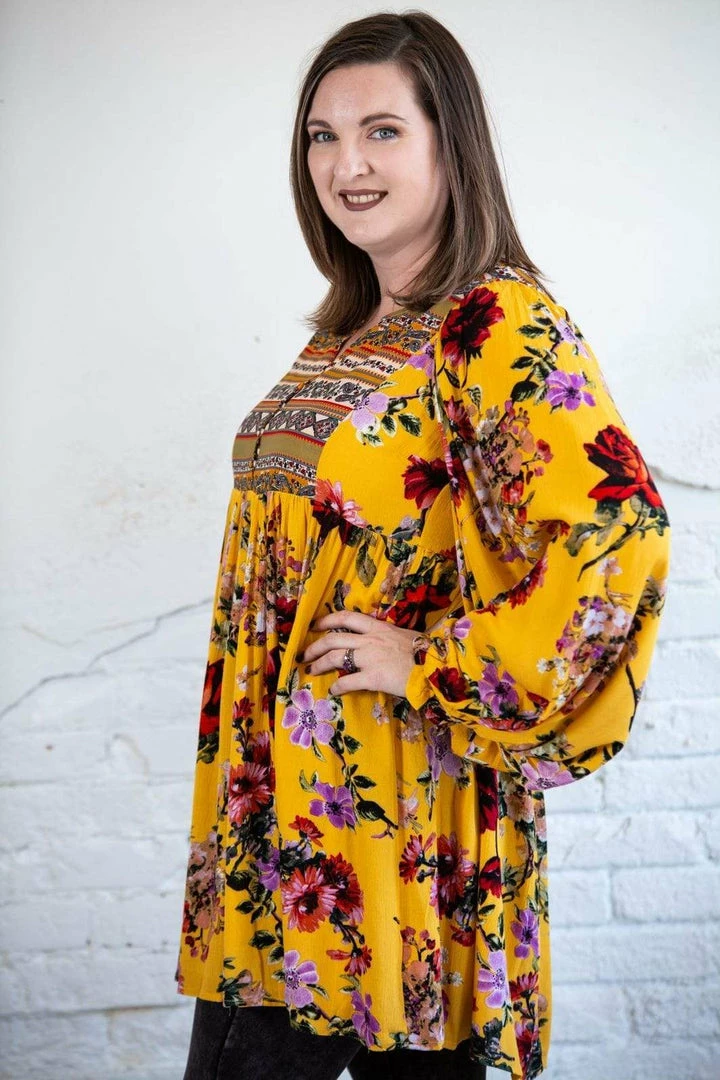 Umgee Tops Floral Ruffle Puff Sleeve Dress/Tunic 9 Umgee Tops Floral Ruffle Puff Sleeve Dress/Tunic