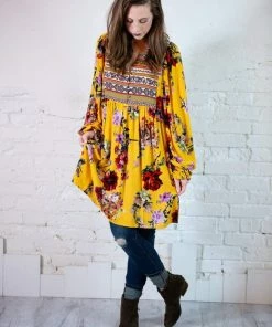 Umgee Tops Floral Ruffle Puff Sleeve Dress/Tunic 14 Umgee Tops Floral Ruffle Puff Sleeve Dress/Tunic