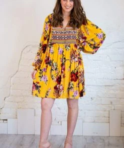 Umgee Tops Floral Ruffle Puff Sleeve Dress/Tunic