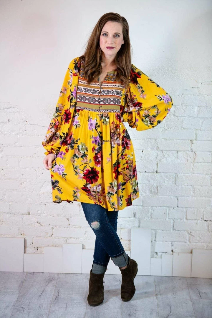 Umgee Tops Floral Ruffle Puff Sleeve Dress/Tunic 5 Umgee Tops Floral Ruffle Puff Sleeve Dress/Tunic