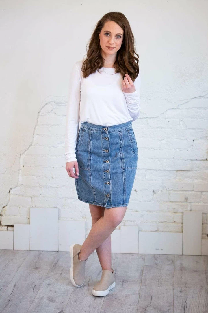 Umgee Blue Denim Dannie A-Line Skirt Dresses + Skirts + Jumpsuits 4 Umgee Blue Denim Dannie A-Line Skirt Dresses + Skirts + Jumpsuits