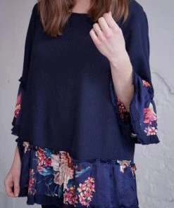 Umgee Navy Kate Floral Peplum Blouse