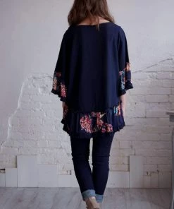 Umgee Navy Kate Floral Peplum Blouse