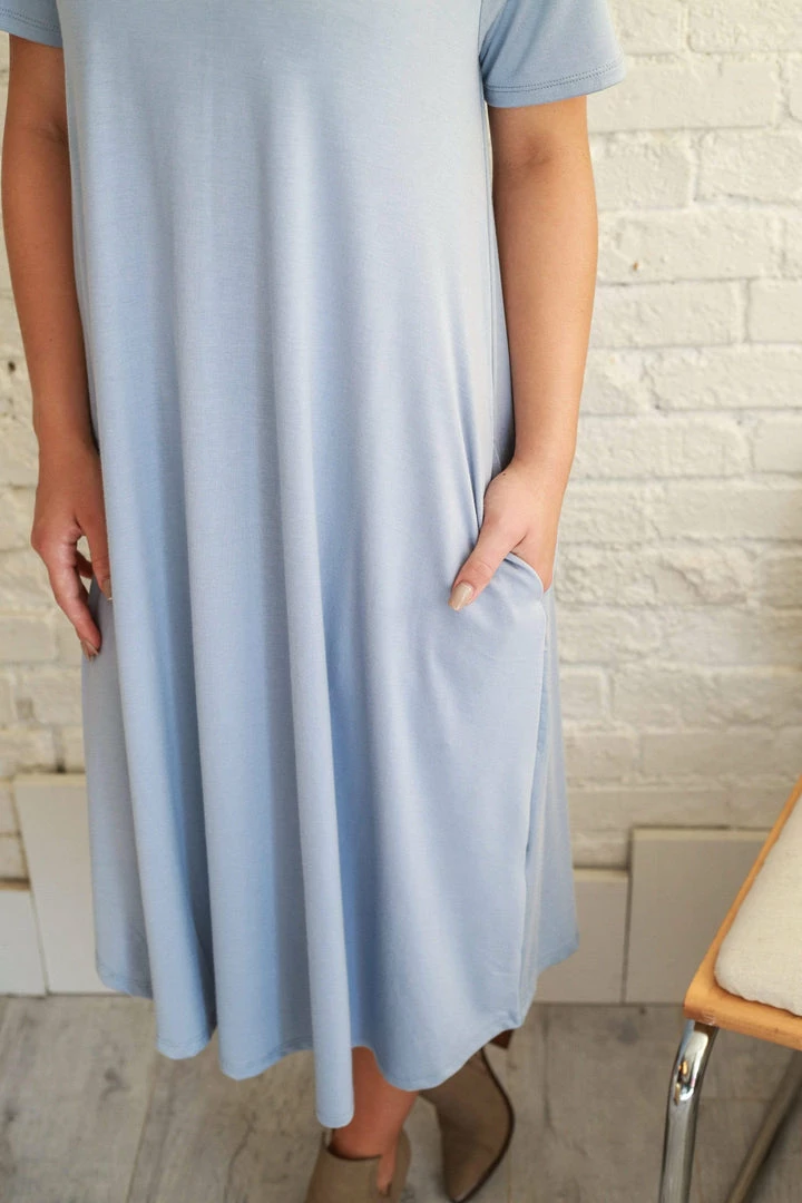 Zenana Jane A-Line Short Sleeve Dress In Dusty Blue Apparel 3 Zenana Jane A-Line Short Sleeve Dress In Dusty Blue Apparel