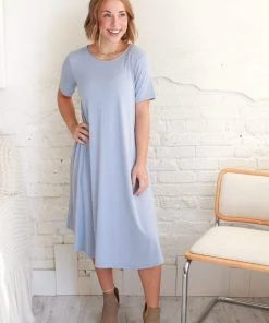 Zenana Jane A-Line Short Sleeve Dress In Dusty Blue Apparel 10 Zenana Jane A-Line Short Sleeve Dress In Dusty Blue Apparel