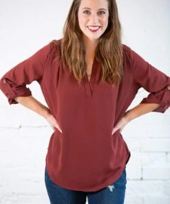 Zenana Henley Roll Up Sleeve Button Blouse Tops