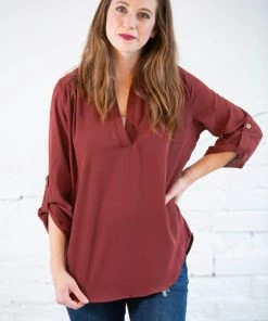 Zenana Henley Roll Up Sleeve Button Blouse Tops