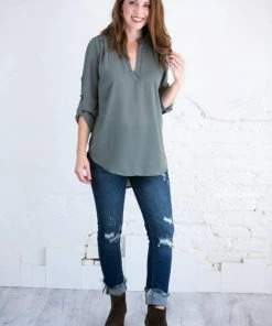 Zenana Henley Roll Up Sleeve Button Blouse Tops