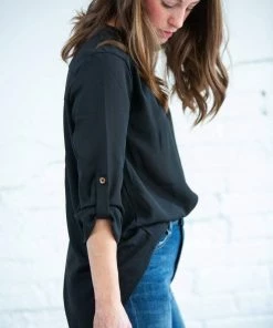 Zenana Henley Roll Up Sleeve Button Blouse Tops