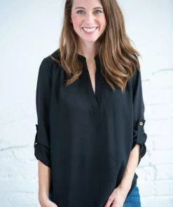 Zenana Henley Roll Up Sleeve Button Blouse Tops