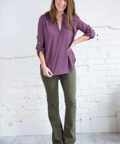 Zenana Henley Roll Up Sleeve Button Blouse Tops