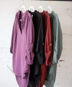 Zenana Henley Roll Up Sleeve Button Blouse Tops