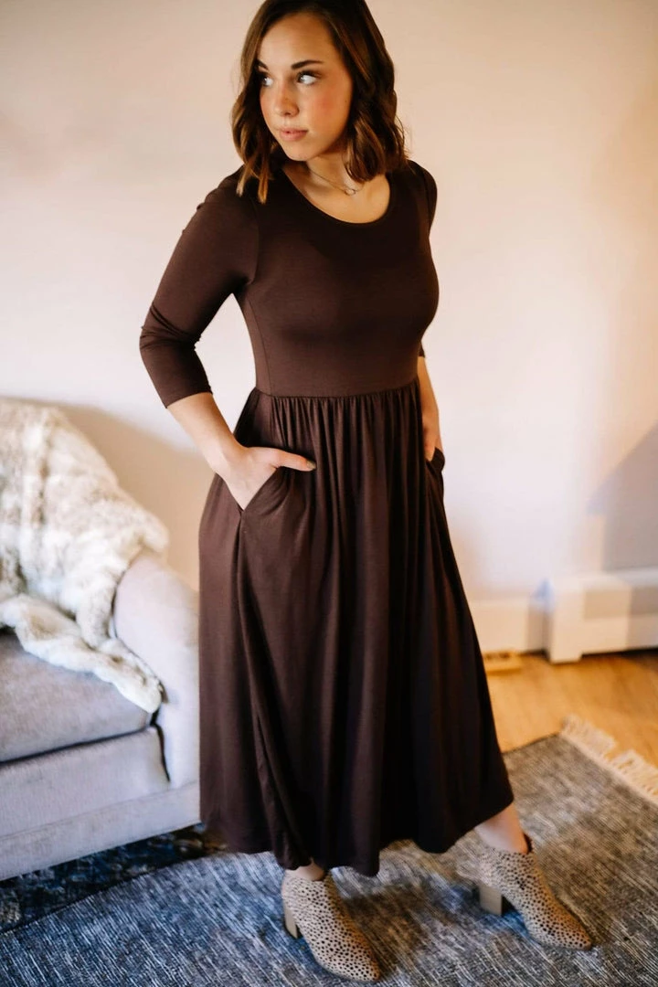 Zenana Apparel Kennedy Pleat Midi Dress In Chocolate 2 Zenana Apparel Kennedy Pleat Midi Dress In Chocolate