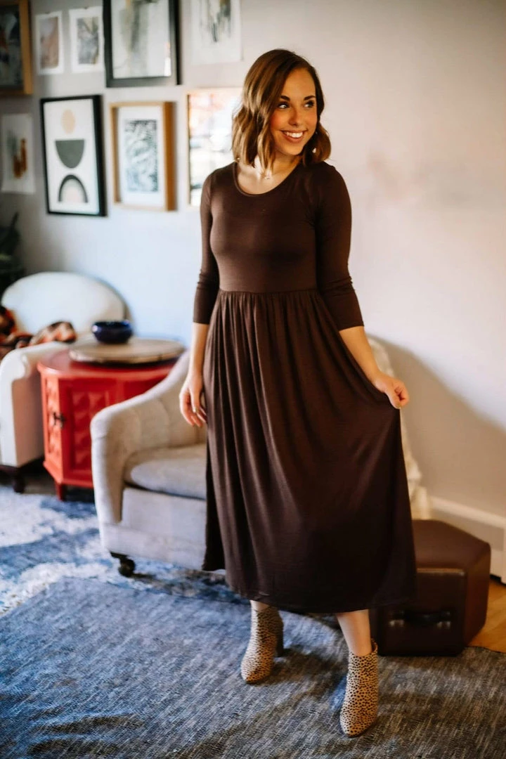 Zenana Apparel Kennedy Pleat Midi Dress In Chocolate 1 Zenana Apparel Kennedy Pleat Midi Dress In Chocolate