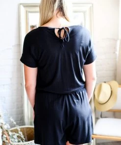 Zenana Silvy Short Sleeve Romper In Black Apparel