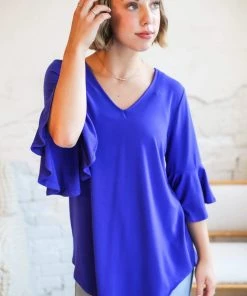 Zenana Waterfall Blouse In Bright Blue Apparel