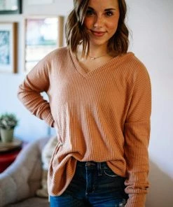 Zenana Back To You Waffle Knit Sweater In Camel Apparel